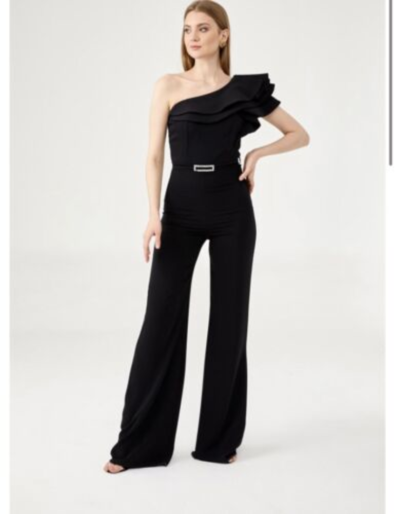 ODRELLA One Shoulder Ruffle Jumpsuit Black NWT 38